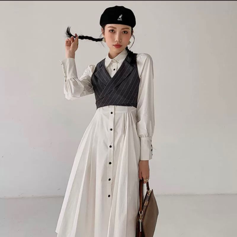 Set áo gile + váy sơ  mi hotgirl form lên tôn dáng xinh xắn