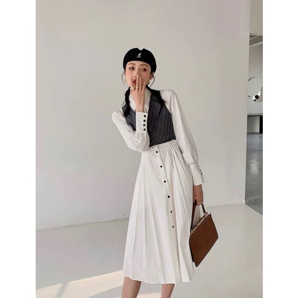 Set áo gile + váy sơ  mi hotgirl form lên tôn dáng xinh xắn