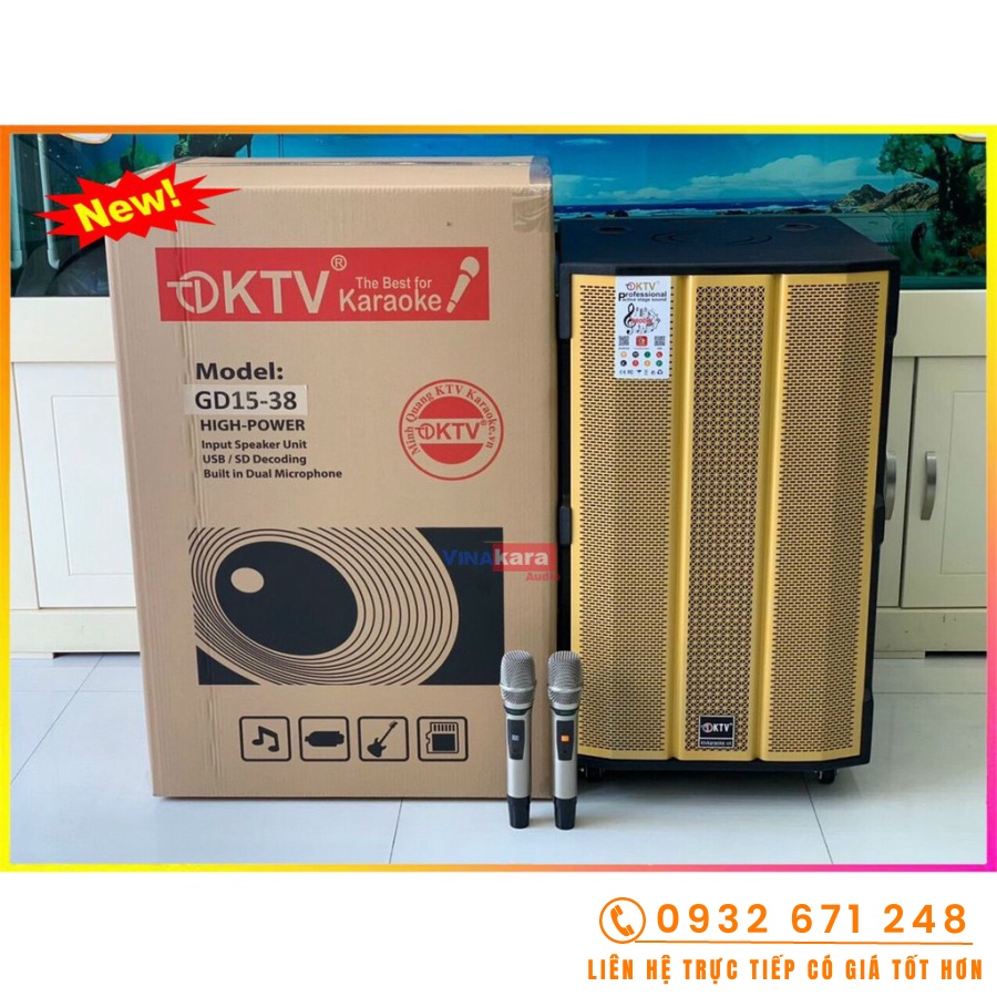 Loa kéo KTV GD15-38 cao cấp, loa gỗ ấm, 2 micro UHF kim loại