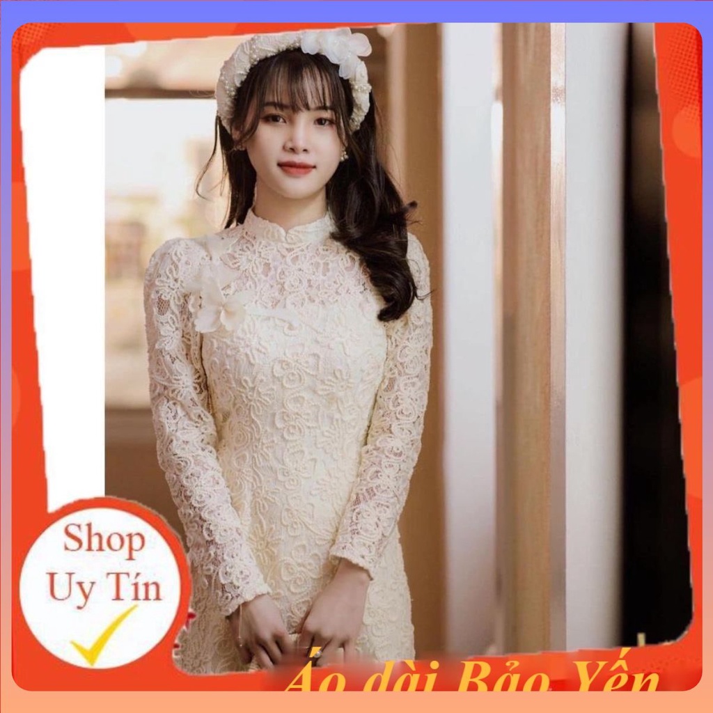 Áo dài ren sừng 4 tà cao cấp, áo dài vai bồng may sẵn