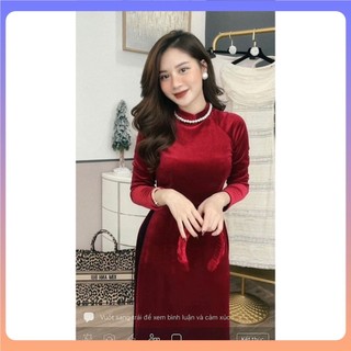 Áo dài nhung đỏ đô thời trang may sẵn cao cấp