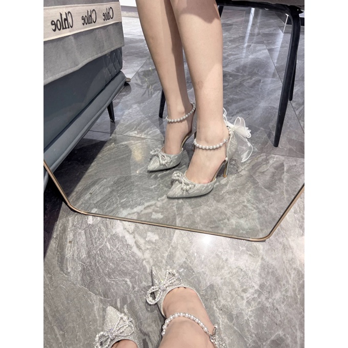 Giày Cao Gót Mũi Nhọn Đính Ngọc Trai Thời Trang Mùa Xuân 2023 Quyến Rũ Dành Cho Nữ