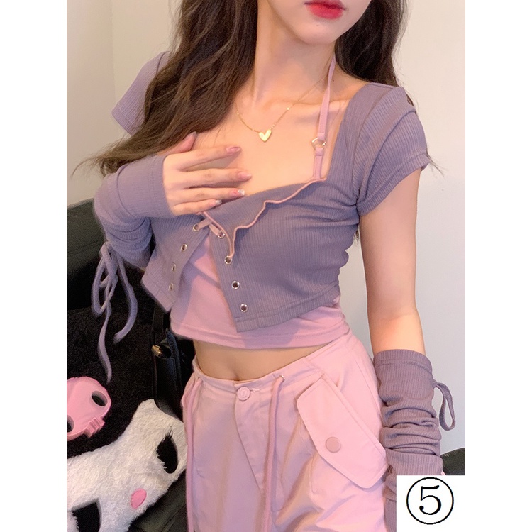 Áo Cardigan Ngắn Tay Hai Dây Màu Trơn Ngọt Ngào Thời Trang Mùa Hè Cho Nữ