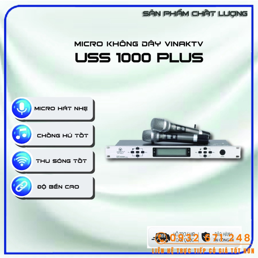 Micro không dây VINAKTV USS 1000 Plus, chống hú, tự động ngắt, hát nhẹ, sóng khỏe 30 mét