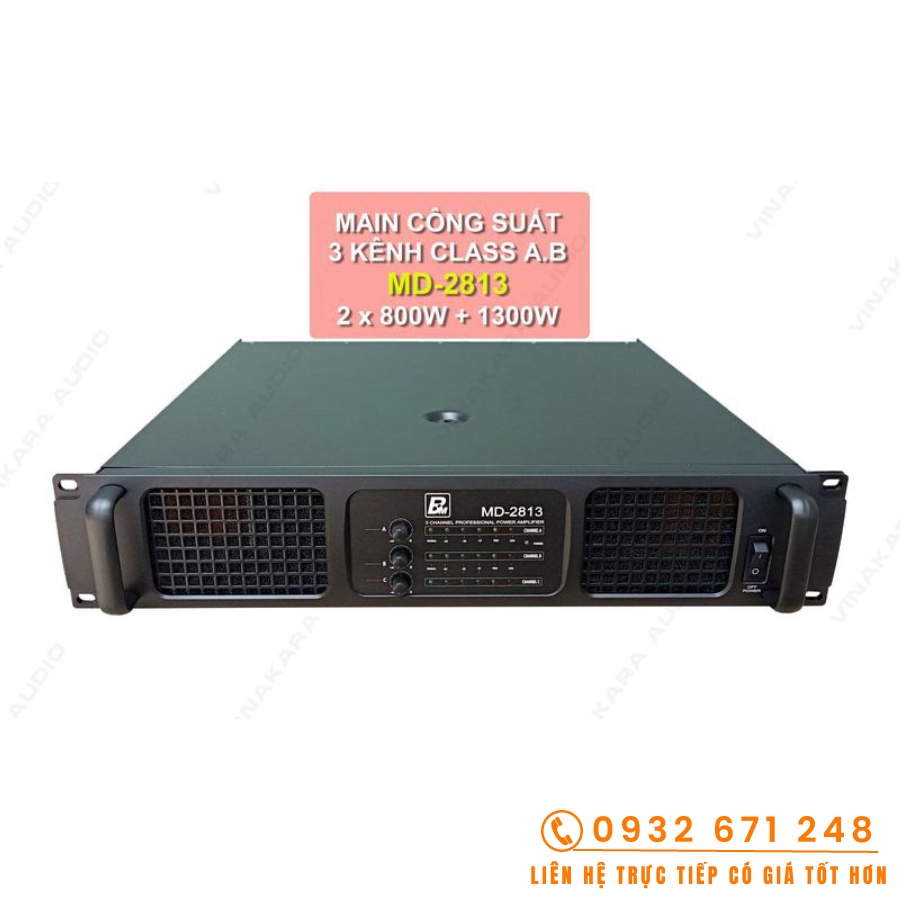 Cục đẩy main công suất Shidun MD-2813, 3 kênh, CLASS AB, 2x800+1300w, bh 12 tháng