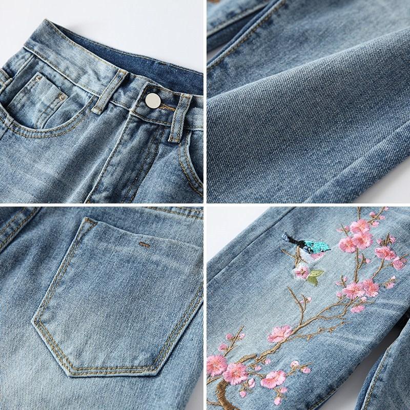 Quần Jean Lưng Cao Dáng Ôm Xẻ Tà Thêu Họa Tiết Phong Cách Trung Hoa Thời Trang Mới 2021 Cho Nữ