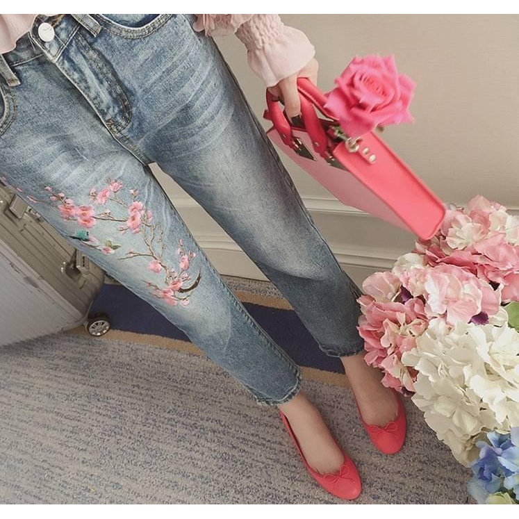 Quần Jean Lưng Cao Dáng Ôm Xẻ Tà Thêu Họa Tiết Phong Cách Trung Hoa Thời Trang Mới 2021 Cho Nữ