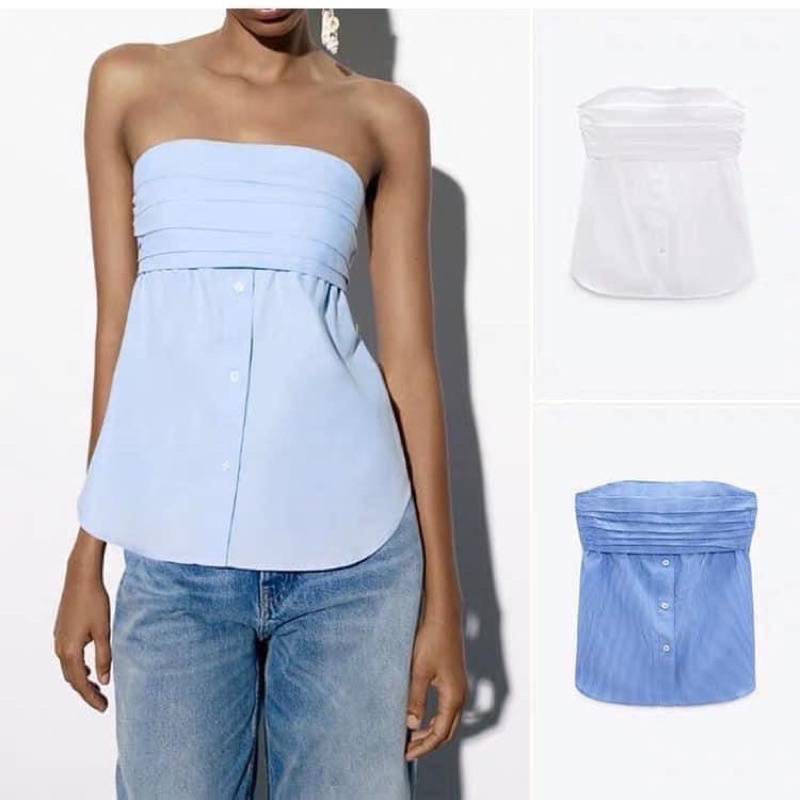 Áo trễ vai cho nữ hàng ZR xuất màu trắng/xanh ảnh sàn shop tự chụp