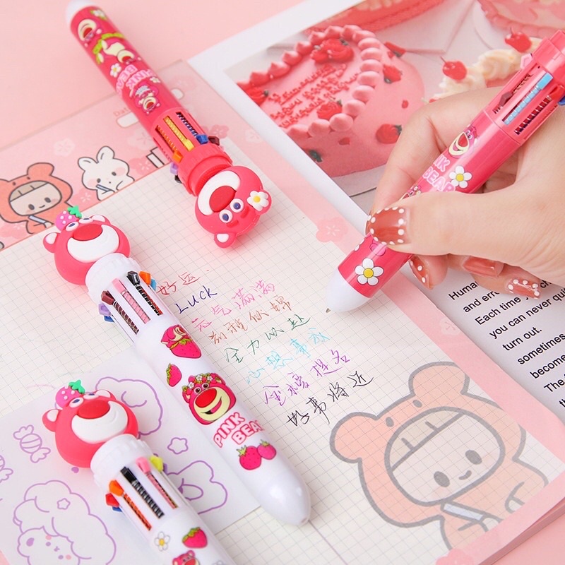 Bút viết bi Gấu dâu lotso bấm 10 màu phong cách Hàn quốc dễ thương Deperier