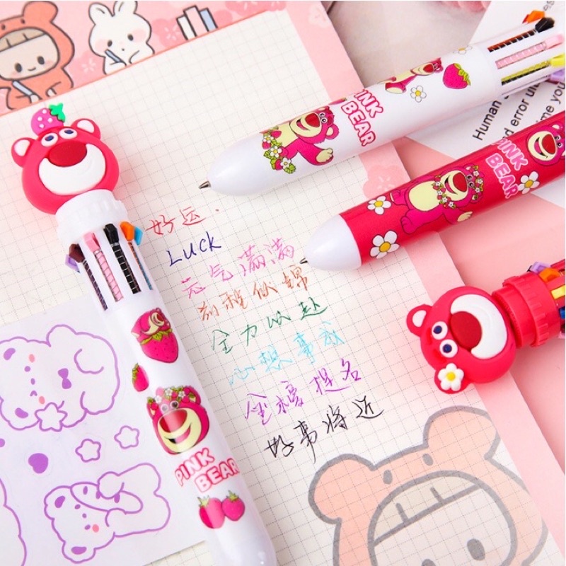 Bút viết bi Gấu dâu lotso bấm 10 màu phong cách Hàn quốc dễ thương Deperier