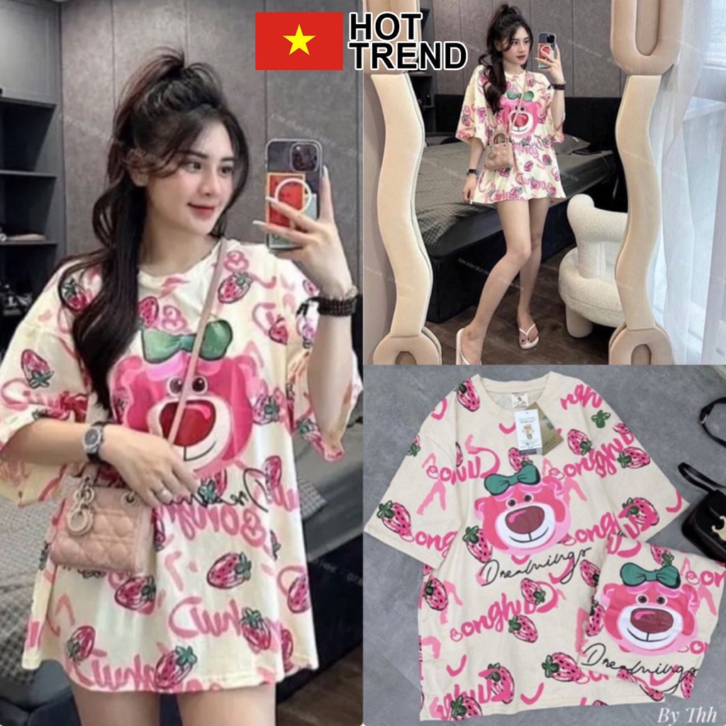 Áo phông Gấu Dâu Hồng in kín dễ thương HOTTREND - Áo thun tay lỡ nam nữ unisex freesize form 65kg chất cotton đẹp 2023