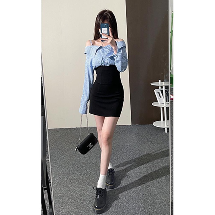 Meimei Áo Sơ Mi Kẻ Sọc Trễ Vai Eo Cao Phong Cách Hip Hop Tùy Chỉnh Màu Xanh Dương Cho Nữ