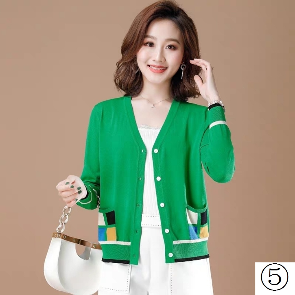 Áo Cardigan Dệt Kim Tay Dài Cổ Chữ v Màu Sắc Tương Phản Chất Liệu Lụa Mỏng Thời Trang Cho Nữ