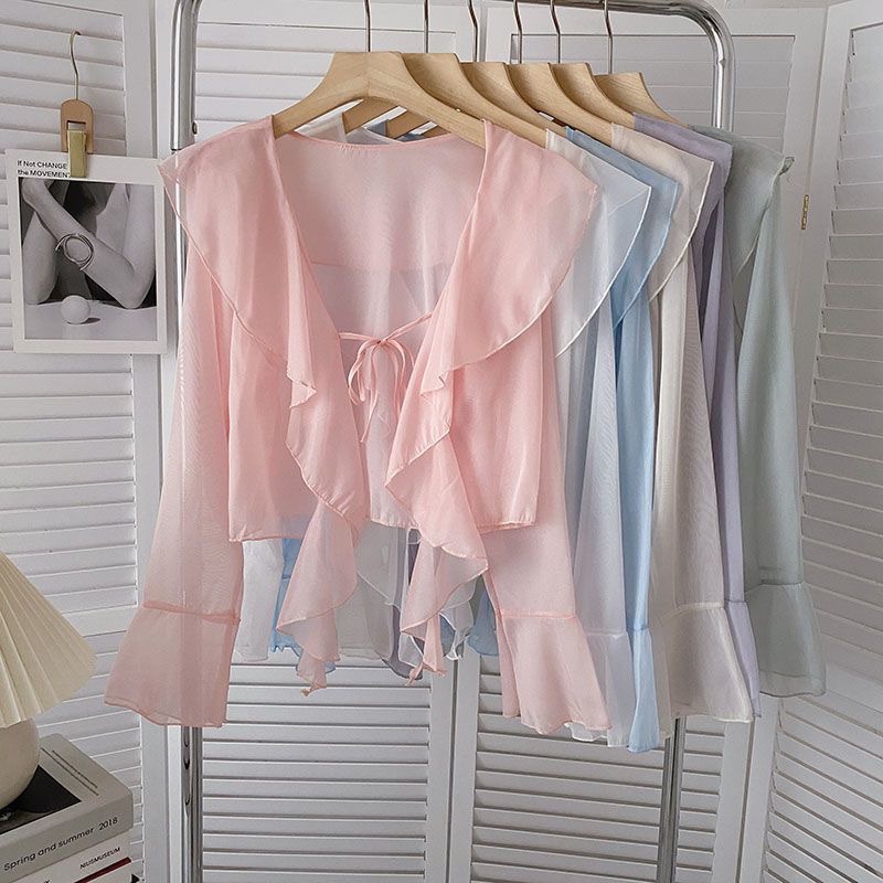Áo Sơ Mi Chiffon Tay Dài Ống Loe Cột Dây Chống Nắng Thời Trang Mùa Hè Cho Nữ