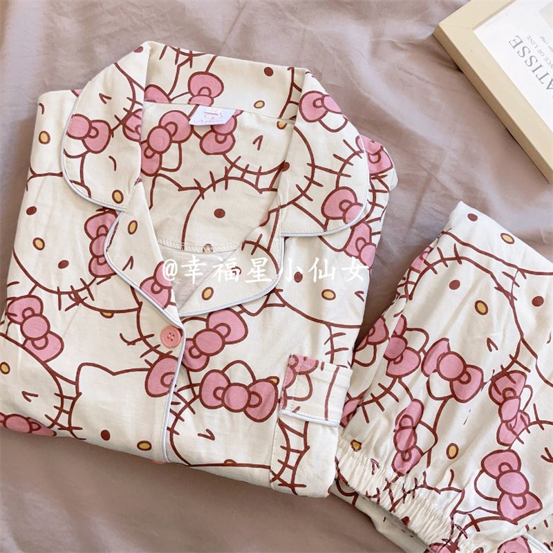 Bộ Đồ Ngủ Tay Dài In Hoạt Hình Hello Kitty Phong Cách Nhật Bản Thời Trang Xuân Thu Xinh Xắn Cho Nữ