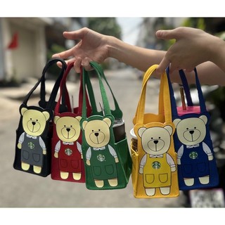 Túi GẤU NHỎ đựng bình giữ nhiệt Starbucks bằng vải canvas chống nước