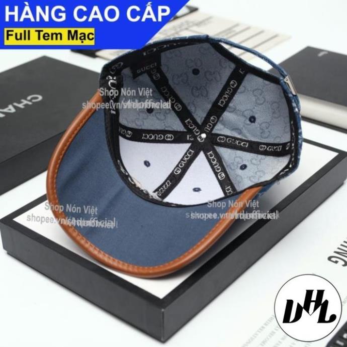 [A83]Mũ Lưỡi Trai Nón Kết GUCCI Logo Thêu Nổi Hình Elip Vải Hoạ Tiết Kaki Cotton Jean Màu Xanh Kết Viền Da Nâu Form Đứng