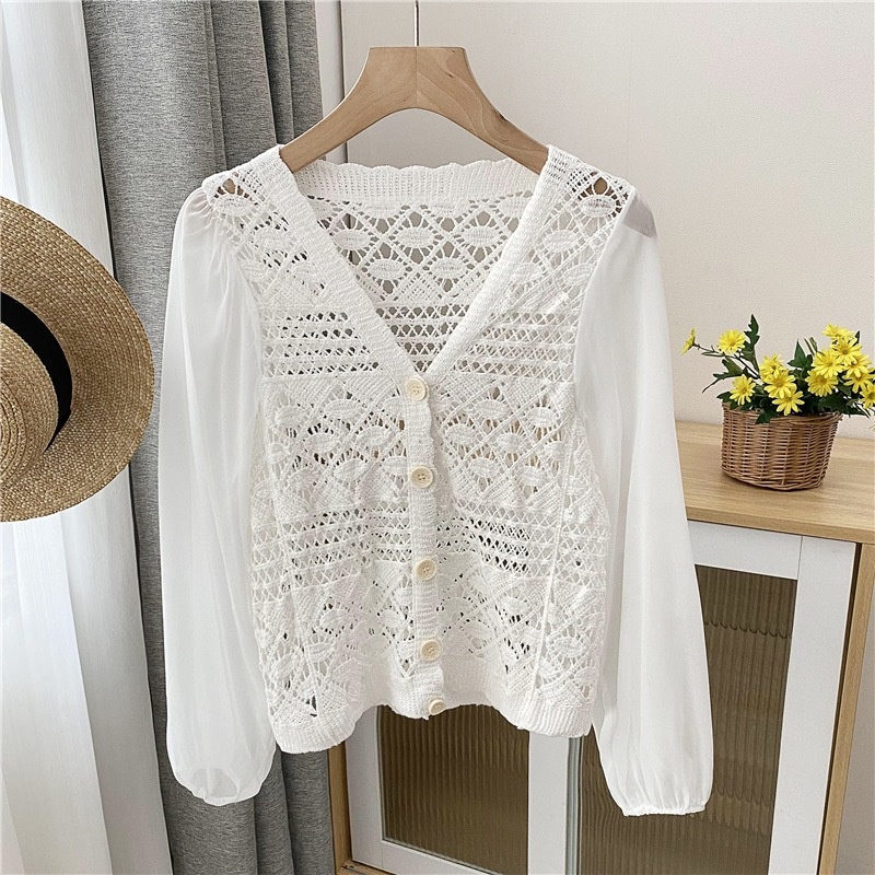 Áo Khoác Cardigan Chiffon Cổ Chữ V Phối Ren Lỗ Thời Trang Xuân Hè 2023 Phong Cách Pháp Mới Cho Nữ
