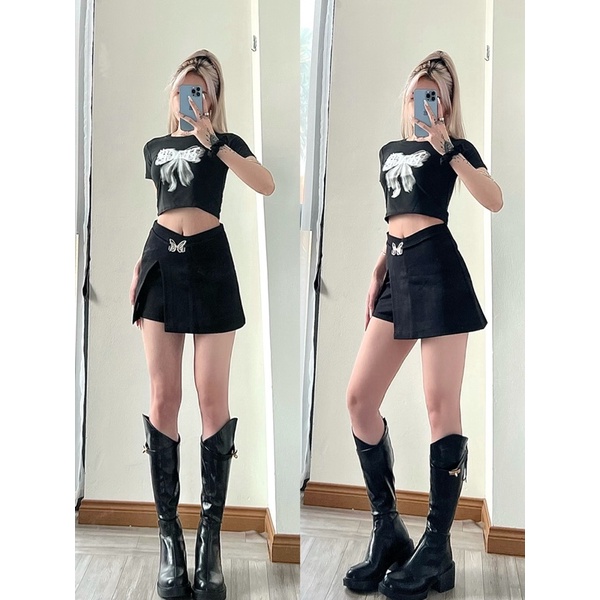 Áo croptop in chữ nơ + Chân váy butterfly