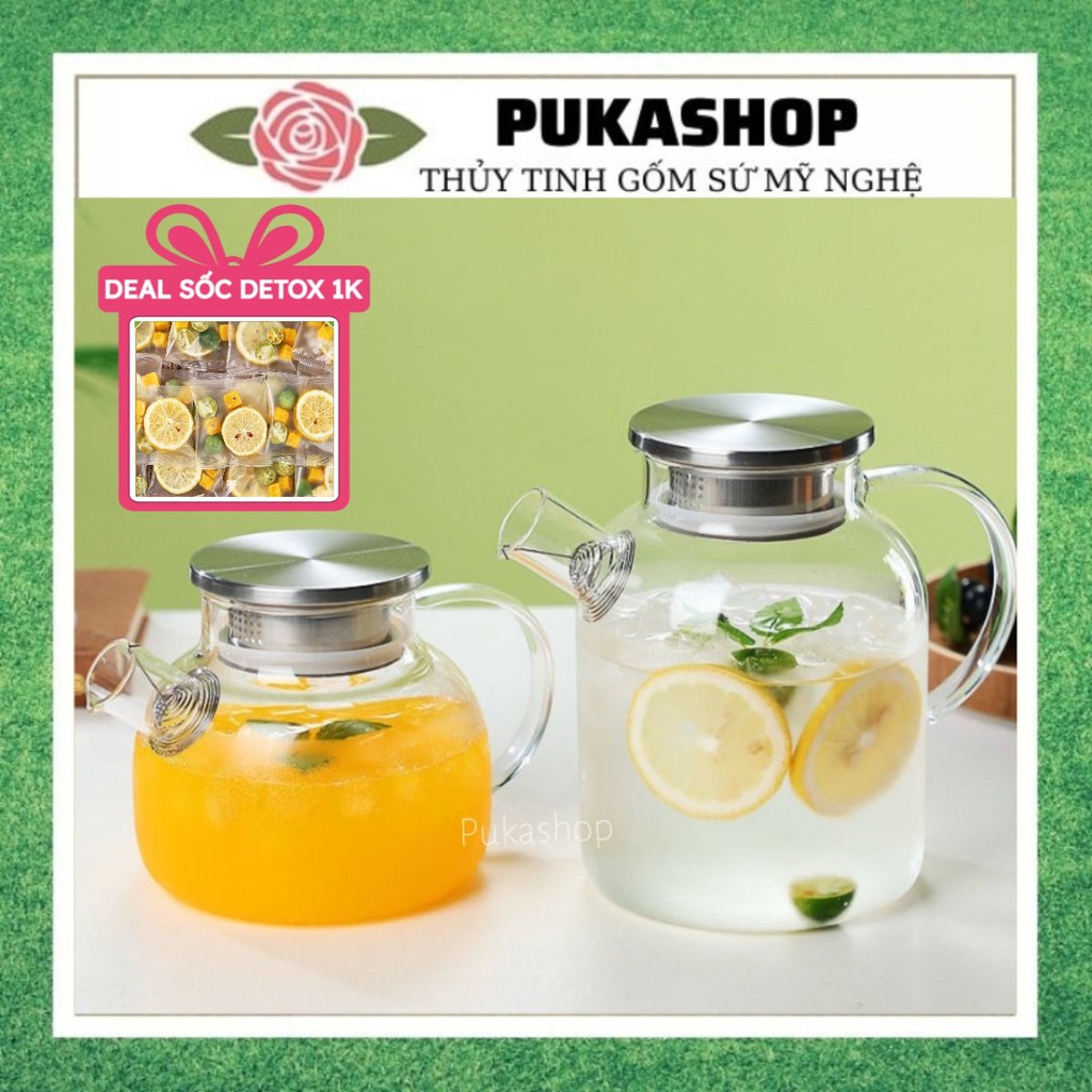 Bình Nước Puka Bình Thủy Tinh Chịu Nhiệt Dễ Lau Chùi Kháng Khuẩn Chống Nấm Mốc Ấm Pha Trà Detox Hoa Quả 1L 1.8L A7