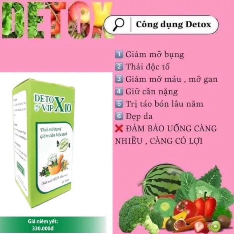 Giảm Cân Xổ Mỡ Detox Vip X10 Hộp 55v Chính Hẵng