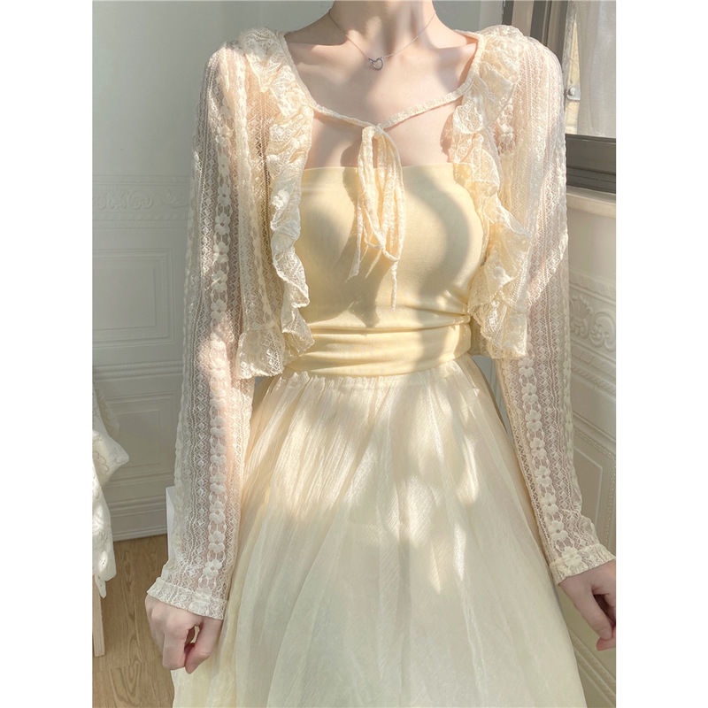 Áo Khoác Cardigan Chiffon Mỏng Phối Ren Chống Nắng Thời Trang Thanh Lịch