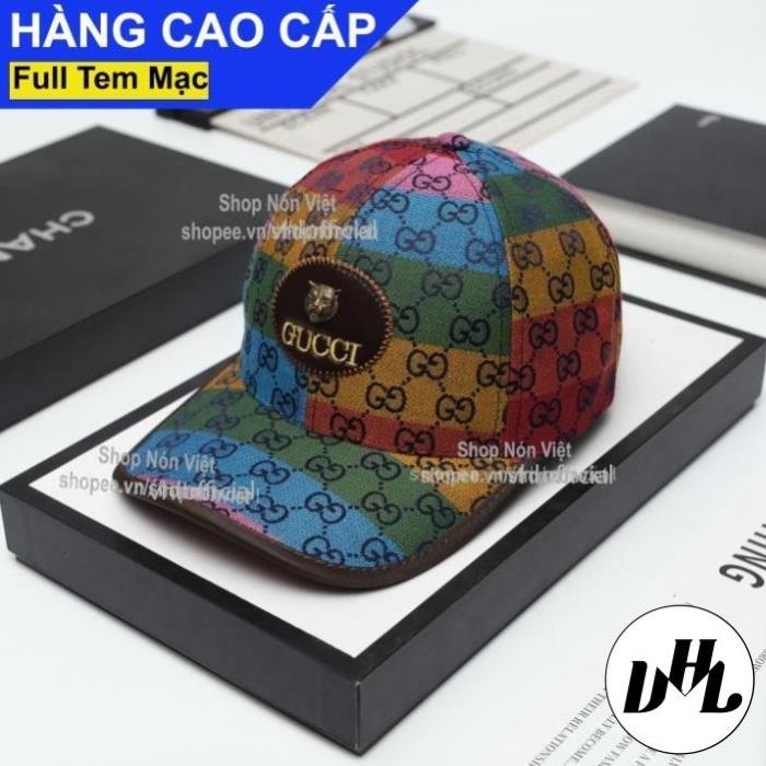 Mũ Lưỡi Trai Nón Kết Gucci Đầu Sói Đính Nổi Vải Hoạ Tiết Bảy Màu Kết Viền Da Nâu Form Đứng Thời Trang Cao Cấp Vừa M