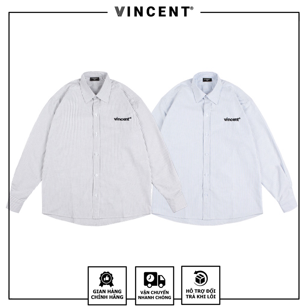 Áo sơ mi Tay dài thêu logo Vincent Oxford Sọc Xanh/Sọc xám