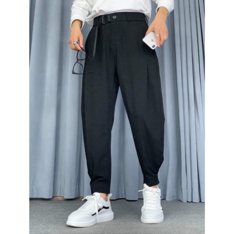 Quần baggy nam-nữ kèm đai thắt lưng co giãn Unisex vải tuyết mưa, quần harem nam-nữ ống bo siêu Hot Trend 2023_Maihang
