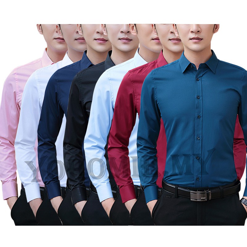 Plus Áo Sơ Mi Công Sở Tay Dài Dáng Ôm Màu Trơn 7 Màu Size Lớn Cho Nam Kemeja Lelaki M-5XL