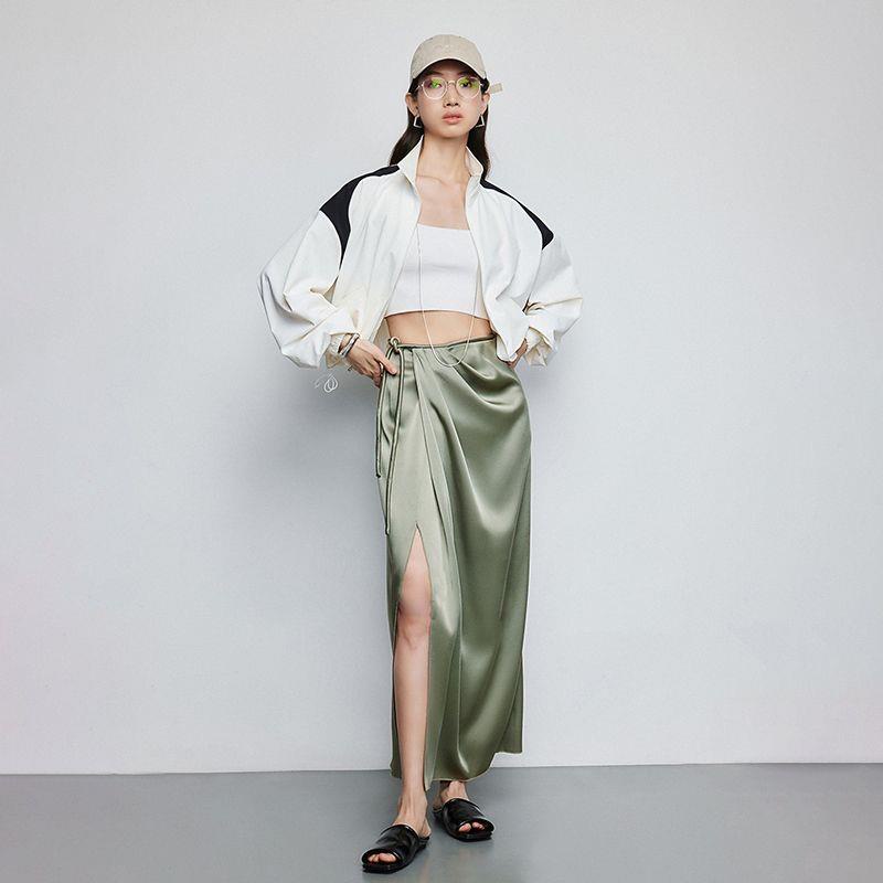 Chân Váy Satin Dài Lưng Cao Dáng Chữ a Xẻ Tà Thời Trang Mùa Hè Dành Cho Nữ