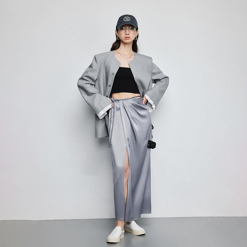 Chân Váy Satin Dài Lưng Cao Dáng Chữ a Xẻ Tà Thời Trang Mùa Hè Dành Cho Nữ