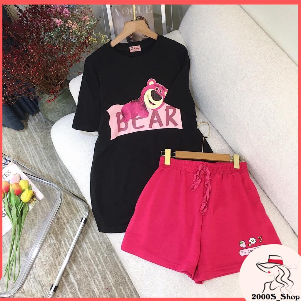 Set đồ bộ đùi nữ form Rộng Oversize giấu quần set áo thun Đen+ short đùi hồng dễ thương cho nữ 70 kg đổ lại Gấu BEAR