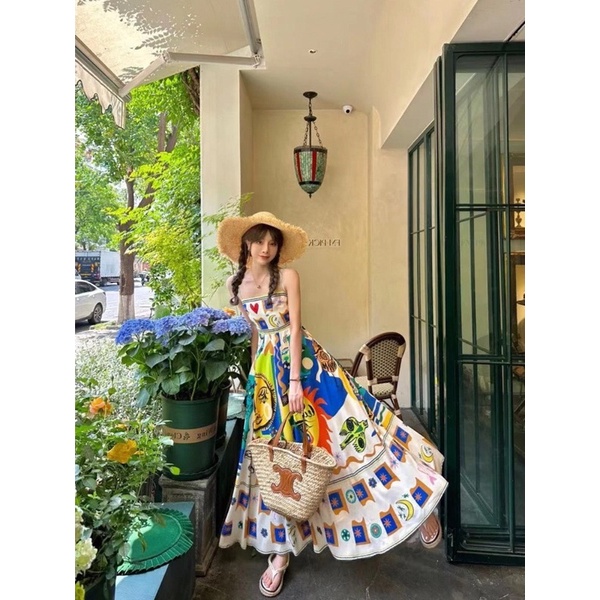 Đầm xòe hai dây họa tiết nổi bật thời trang đi biển mùa hè hera X1
