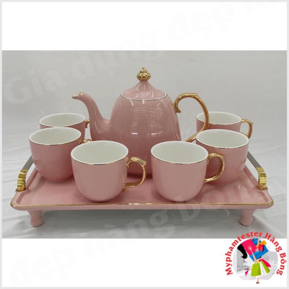 BỘ ẤM CHÉN SỨ XƯƠNG KÈM KHAY MÀU HỒNG VIỀN VÀNG , gia dụng decor thông minh