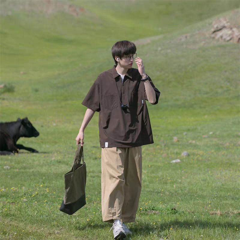 Áo Thun POLO Tay Ngắn Có Khóa Kéo Phong Cách Nhật Bản Thời Trang Mùa Hè Cho Nam