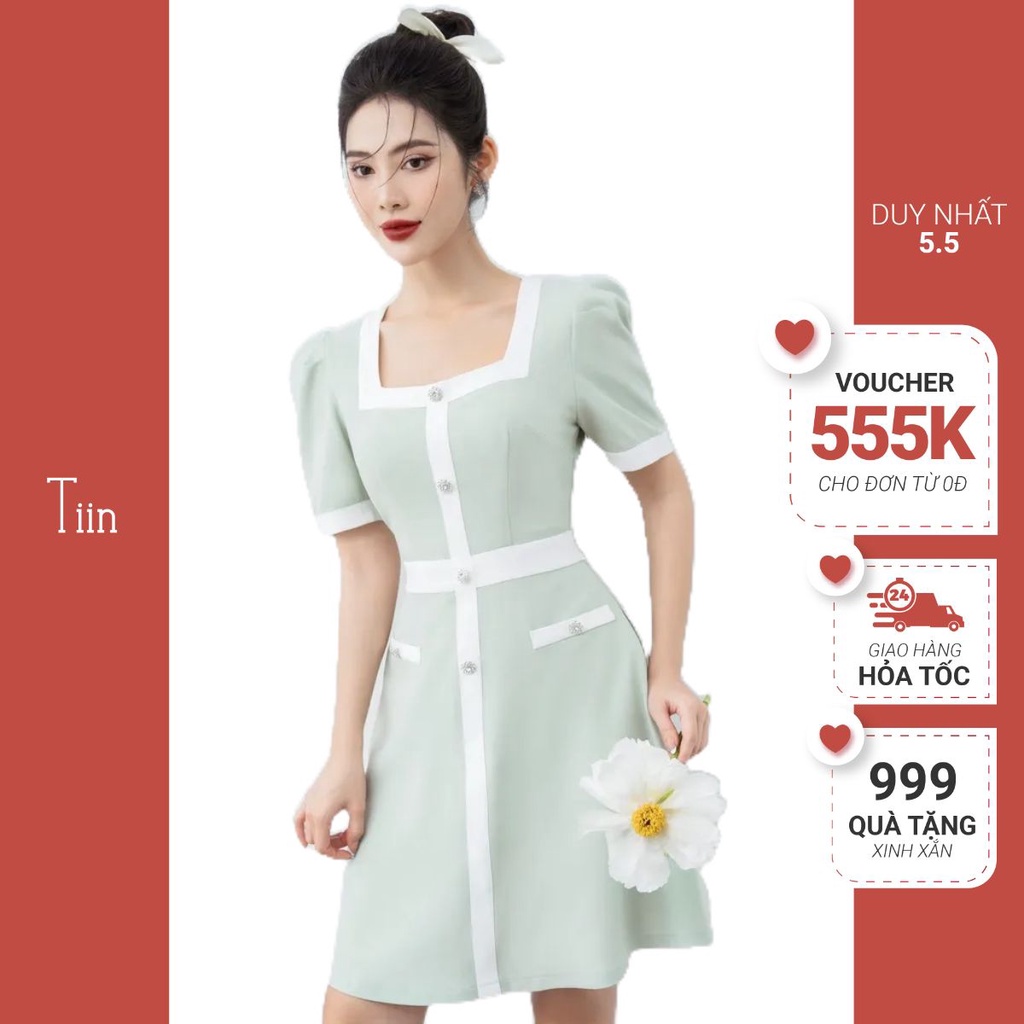 Váy cổ vuông phối đai nẹp TIINSTORE VHN789