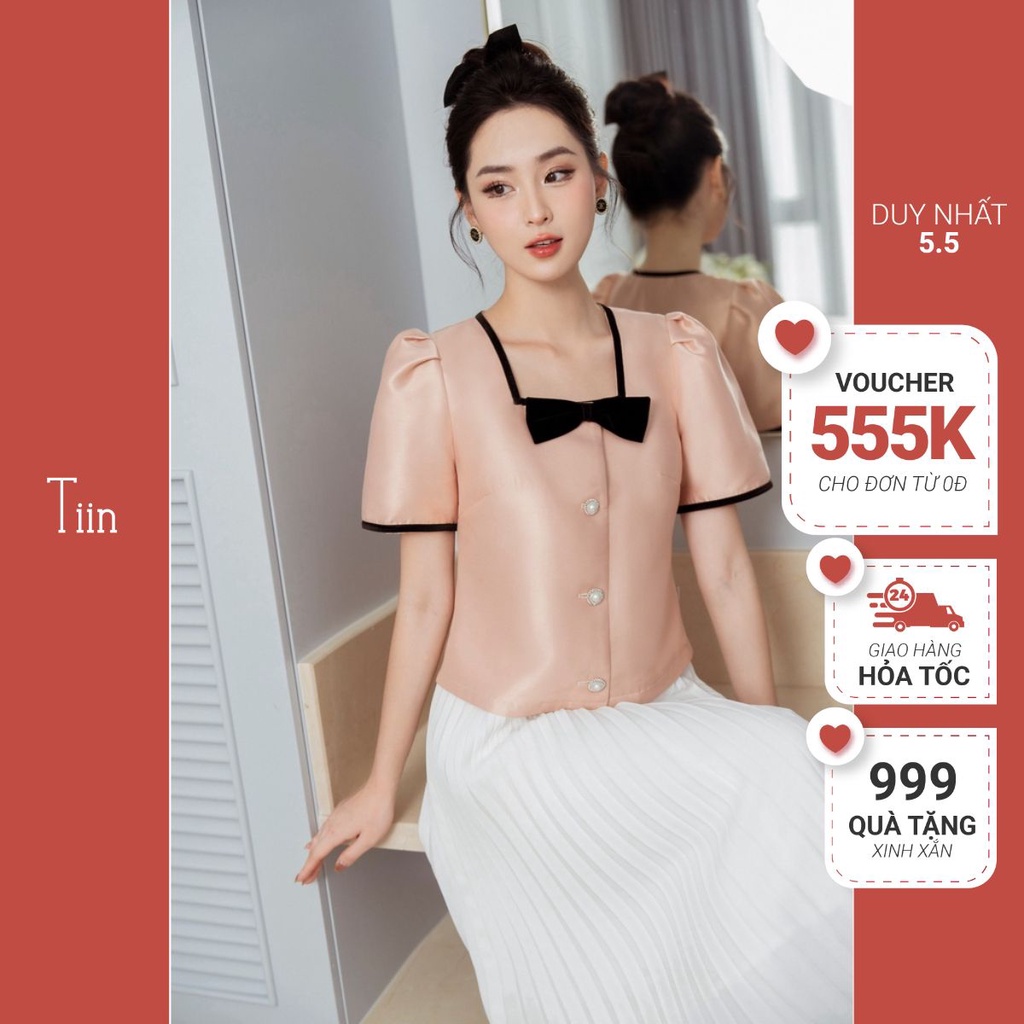 Áo cổ vuông viền đen đính nơ TIINSTORE AHN712