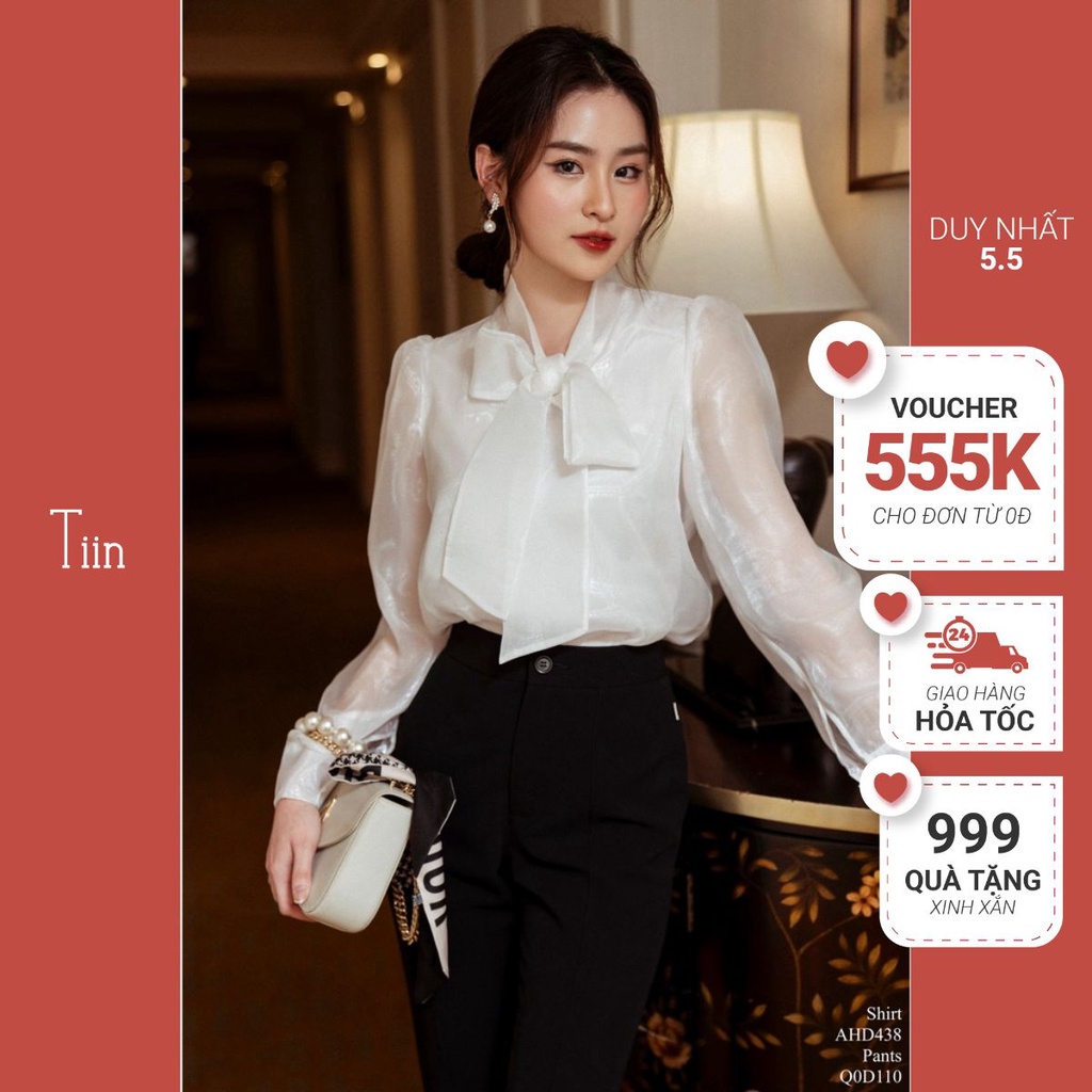 Áo sơ mi 2 lớp cổ thắt nơ tay măng sec TIINSTORE AHD438