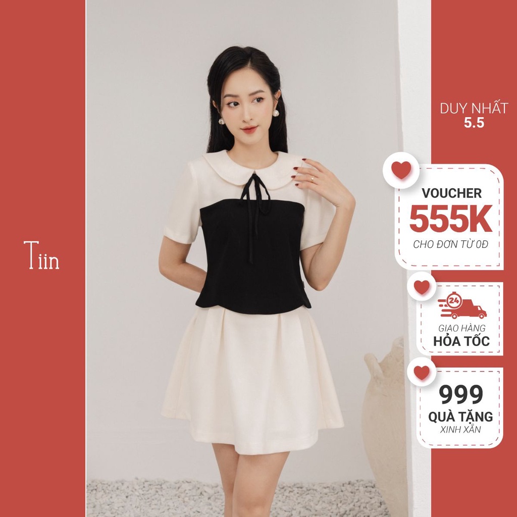 Áo cổ sen thắt nơ phối màu TIINSTORE AHN679