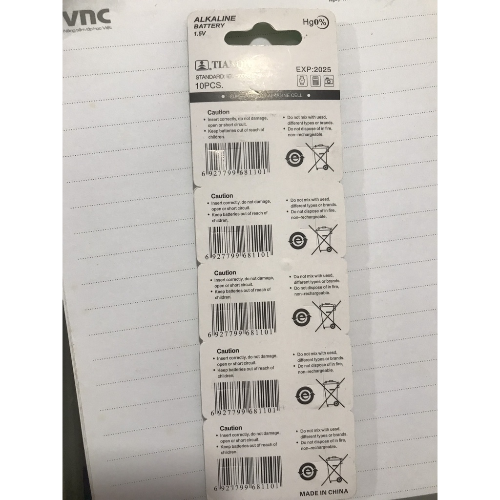 Pin nút áo AG10 LR1130 Tianqiu vỉ 10 viên