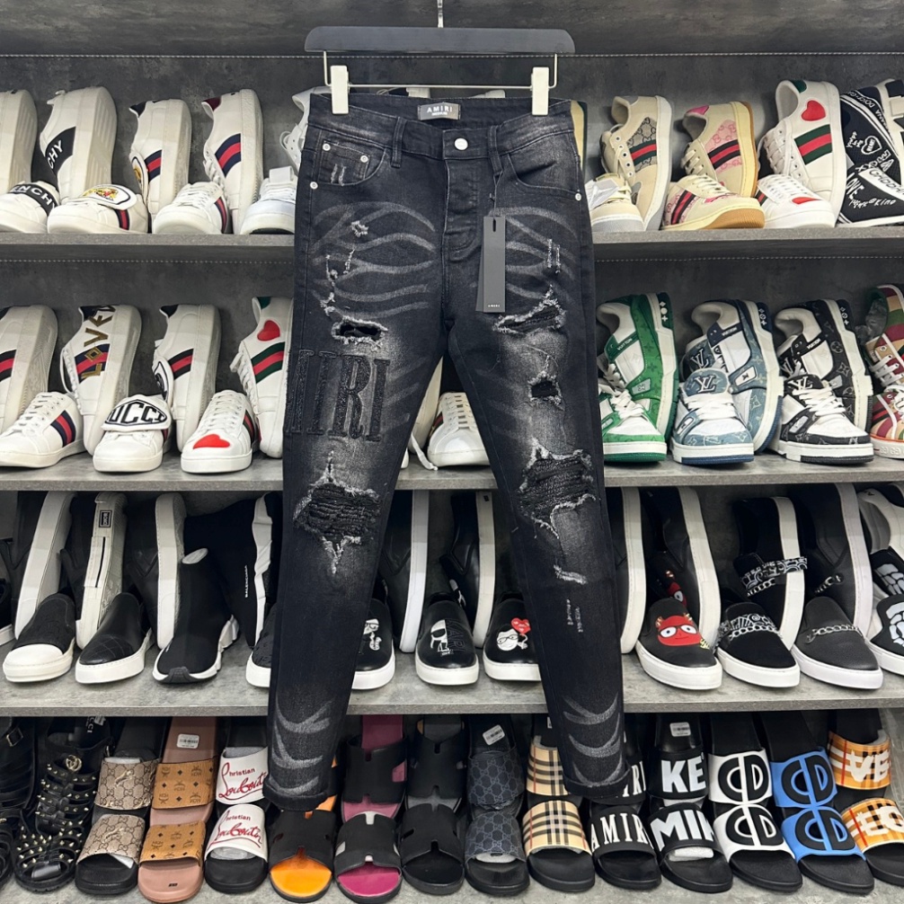 Quần jean bò nam Amiri slimfit đen mài rách đùi gối vá nhăn thêu chữ kim tuyến ống kẻ sóng QJ205P | BigBuy360 - bigbuy360.vn