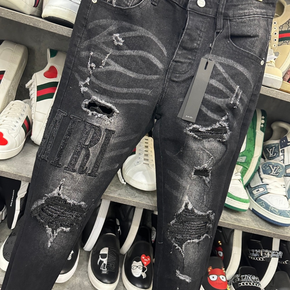 Quần jean bò nam Amiri slimfit đen mài rách đùi gối vá nhăn thêu chữ kim tuyến ống kẻ sóng QJ205P | BigBuy360 - bigbuy360.vn
