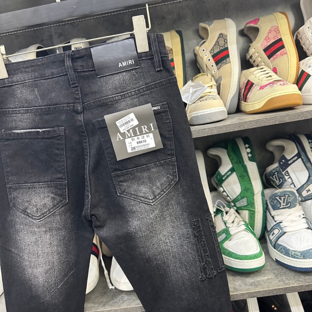 Quần jean bò nam Amiri slimfit đen mài rách đùi gối vá nhăn thêu chữ kim tuyến ống kẻ sóng QJ205P | BigBuy360 - bigbuy360.vn