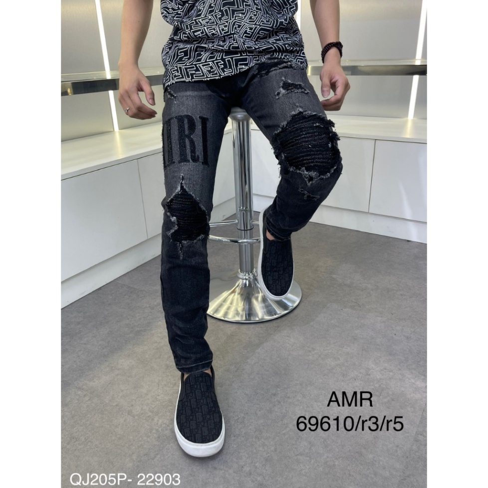Quần jean bò nam Amiri slimfit đen mài rách đùi gối vá nhăn thêu chữ kim tuyến ống kẻ sóng QJ205P | BigBuy360 - bigbuy360.vn