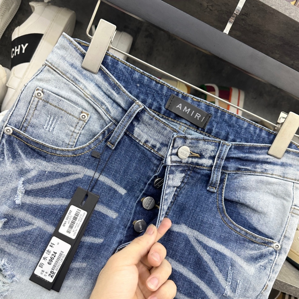 Quần jean bò nam Amiri slimfit xanh bạc rách vá da nhăn gân đen may sát viền đùi gối 4 cúc cài cao cấp QJ210P | BigBuy360 - bigbuy360.vn