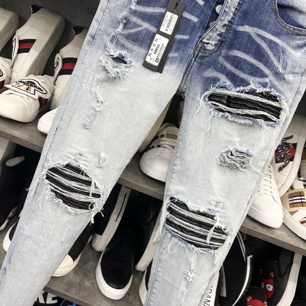 Quần jean bò nam Amiri slimfit xanh bạc rách vá da nhăn gân đen may sát viền đùi gối 4 cúc cài cao cấp QJ210P | BigBuy360 - bigbuy360.vn