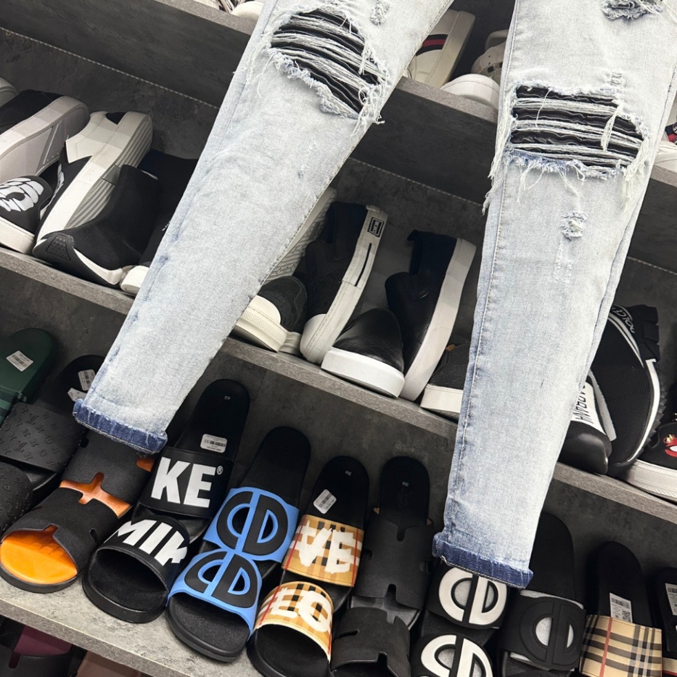 Quần jean bò nam Amiri slimfit xanh bạc rách vá da nhăn gân đen may sát viền đùi gối 4 cúc cài cao cấp QJ210P | BigBuy360 - bigbuy360.vn