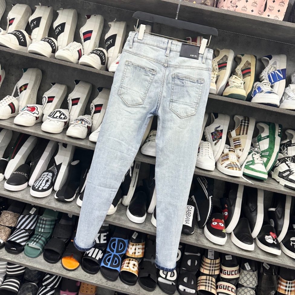 Quần jean bò nam Amiri slimfit xanh bạc rách vá da nhăn gân đen may sát viền đùi gối 4 cúc cài cao cấp QJ210P | BigBuy360 - bigbuy360.vn