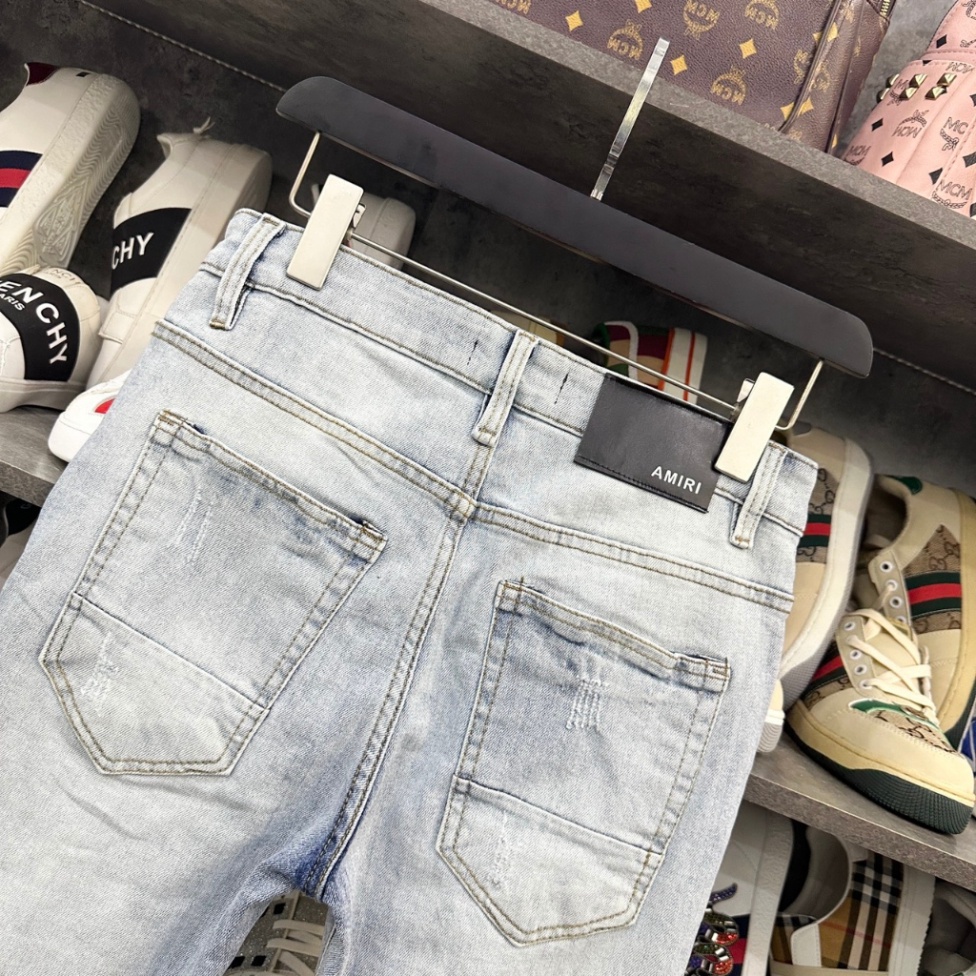 Quần jean bò nam Amiri slimfit xanh bạc rách vá da nhăn gân đen may sát viền đùi gối 4 cúc cài cao cấp QJ210P | BigBuy360 - bigbuy360.vn